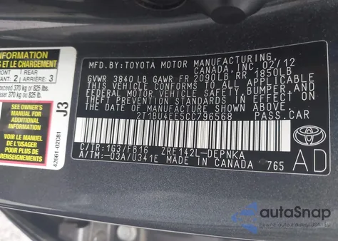 2012 Toyota Corolla Le from USA, damaged, VIN 2T1BU4EE5CC796568